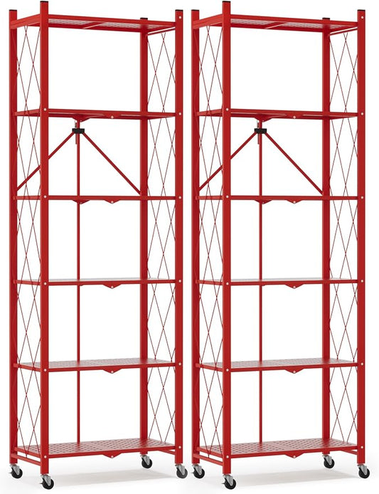 ALANNG 73.6 Inch Folding Bookshelf, 6 Tier Metal Bookcase and Bookshelves, Tall Shelves for Living Room Office Bedroom, Heavy Duty Book Shelve Free Standing Open (Red, 2PACK)