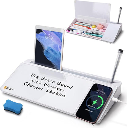 SELEAD Desktop Glass Whiteboard with Wireless Charger Station, Dry Erase Board Computer Pad Keyboard Stand with Organizer Drawer for Home, School, Office Desk Accessories, White