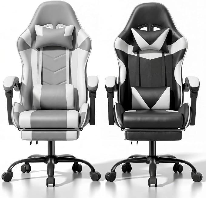 Gaming Chair, Ergonomic Computer Chair with Footrest and Lumbar Support, Height Adjustable Office Chair with 360° Swivel Seat and Headrest 1Pcs Random Color (White&Gray or White&Black)