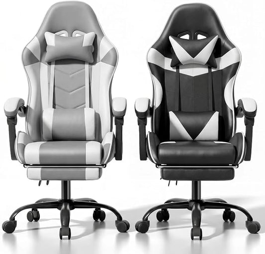 Gaming Chair, Ergonomic Computer Chair with Footrest and Lumbar Support, Height Adjustable Office Chair with 360° Swivel Seat and Headrest 1Pcs Random Color (White&Gray or White&Black)