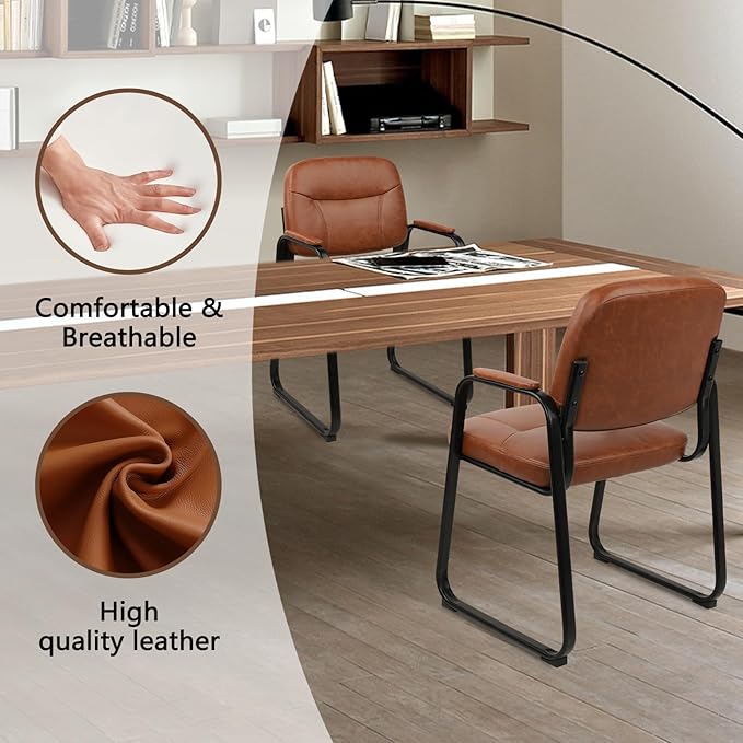 CLATINA Waiting Room Guest Chair with Bonded Leather Padded Arm Rest for Office Reception and Conference Desk Black with Sled Base Brown 8 Pack