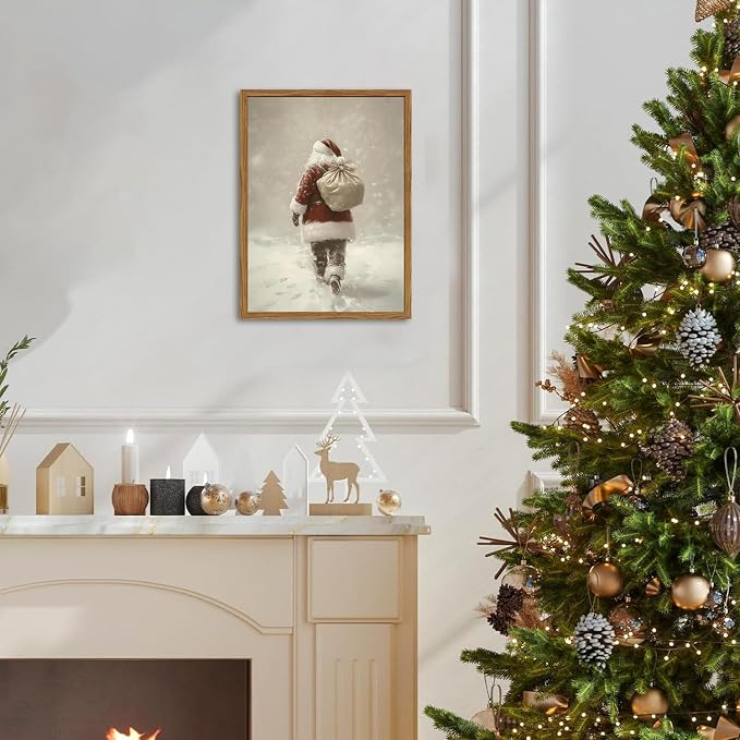 Framed Vintage Christmas Canvas Wall Art, Rustic Santa Claus Walking Snowy Wall Decor Paintings, Winter Holiday Aesthetics Pictures Print Christmas Home Decor for Living Room Bedroom 12×16 inch