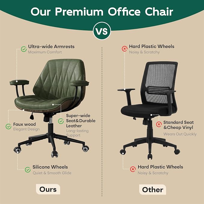 Office Desk Chair with Rubber Casters and Padded Arms, Premium Olive Green Faux Leather Computer Chair, Height Adjustable Vintage Rolling Swivel Executive Task Chair for Home Office