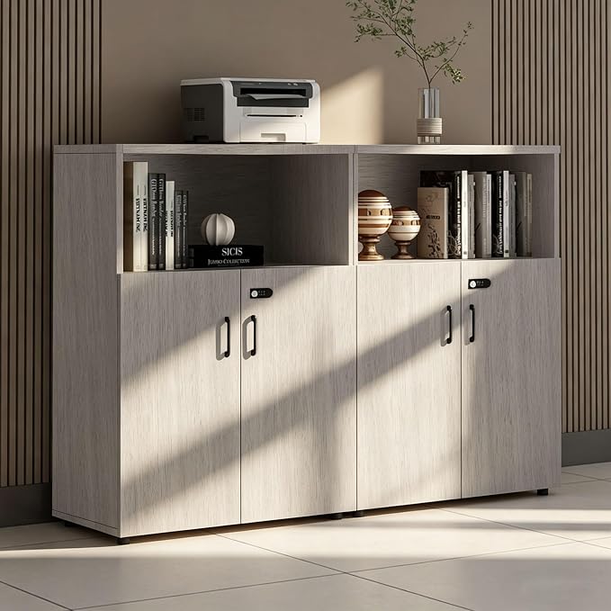 File Cabinet with Password Lock, Wood Lateral Filing Cabinet for Letter/A4 Files, 3 Drawer with Door, Printer Stand with Open Shelves for Home Office
