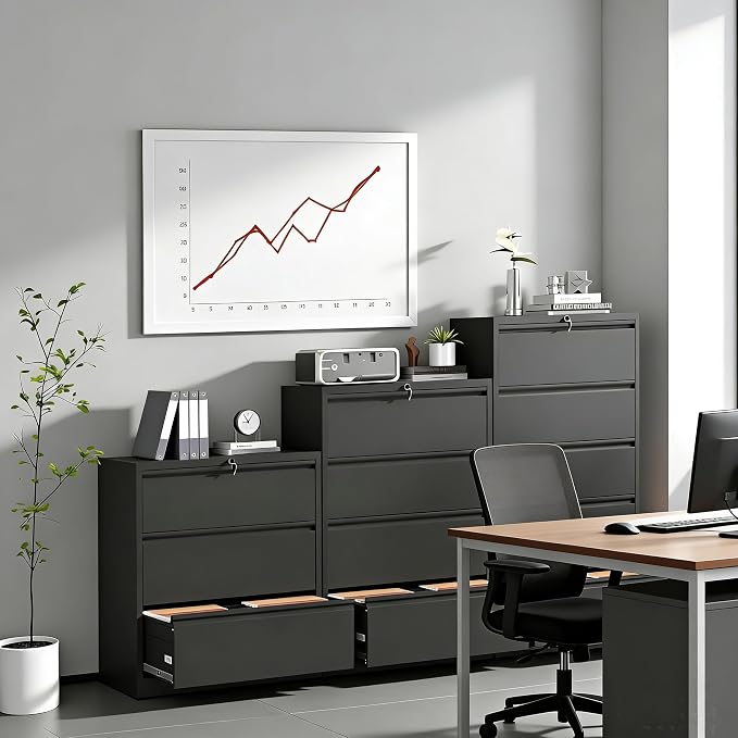 3 Drawer Lateral File Cabinet with Lock, Metal Lateral Filing Cabinet for Home Office, Steel Wide Horizontal Filing Cabinets for Letter/Legal/A4/F4 Hanging Files (Black)