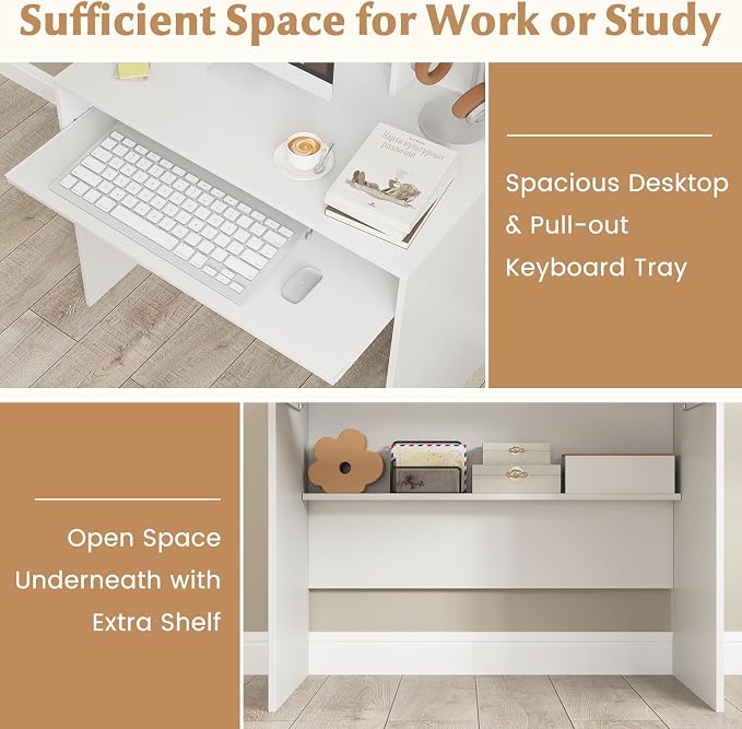 Tangkula Computer Desk with Hutch, Space Saving Laptop Desk with Magnetic Whiteboard, Keyboard Tray, Storage Shelves, Cable Holes, Home Office Desk with Bookshelf, Modern Writing Table (White)