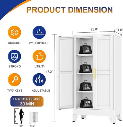 Metal Storage Cabinet with 2 Doors and 3 Adjustable Shelves - 47.2" Steel File Cabinet,Tool Cabinets for Office,Home,Garage,Gym,School,Bathroom,Kitchen(White)