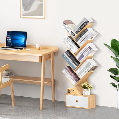 SHEEPAM 8 Tier Tree Bookshelf with Drawer, Free Standing Wood Bookcase for Narrow Space, Storage Organizer Bookshelves for Books, Book Case for Home Office, Living Room, Bedroom - Natural