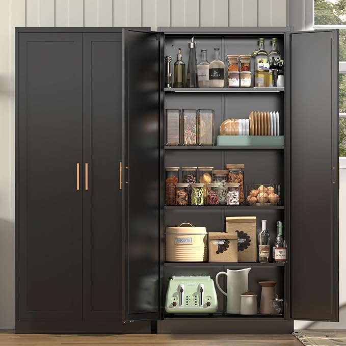BESFUR 71" Tall Black Kitchen Pantry Cabinet, Metal Food Storage Cabinet with 4 Adjustable Shelves, Freestanding Cupboard with Doors for Kitchen, Dining Room, Living Room, Bathroom, Laundry Room