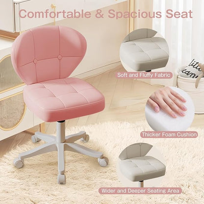 Vanity Chair with Back – Small Armless Office Chair with Wheels, Lumbar Support, PU Leather, Adjustable Height, 360° Swivel for Home, Bedroom, Office (Pink Set of 2)