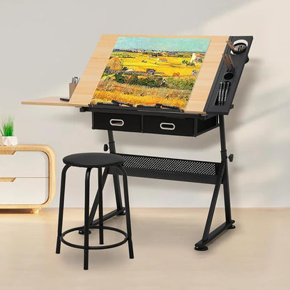 Drafting Table with Height Adjustable Wood Top, Drawing Table with Storage Drawers, Extendable Design, Art Desk Ideal for Drawing, Painting, Writing, Home Office, Natural