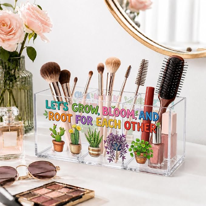 Acrylic Pen Holder Organizer with 3 Compartments, “Let’s Grow, Bloom and Root for Each Other” Plant Design, Desk Organizer for Pen, Makeup, Office Supplie, Inspirational Gifts for Women Friend