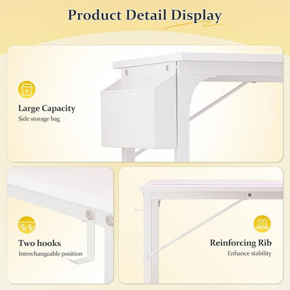 DurayLoly 63" Office Desk with LED Lights,Computer White Desk with Storage Bag&Headphone Hook,Spacious Under-Desktop for Study Writing Work Gaming Desk,Sturdy Metal Frame,Bedroom,Rustic Brown