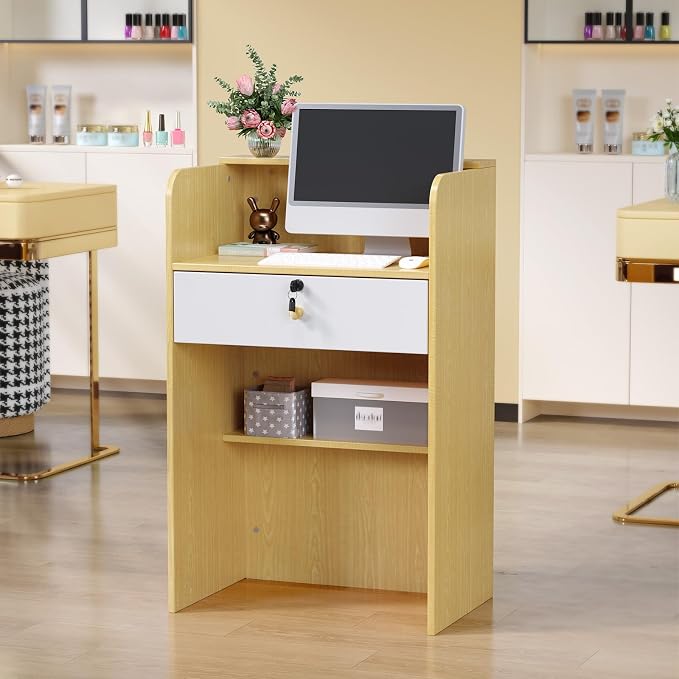 OmySalon Reception Desk with Counter, Small Front Checkout Desk w/Lockable Drawer, Wooden Modern Reception Table for Salon Lobby Office Home (Original Wood, 24)