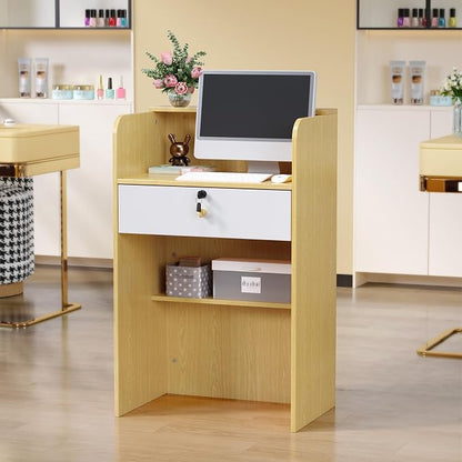 OmySalon Reception Desk with Counter, Small Front Checkout Desk w/Lockable Drawer, Wooden Modern Reception Table for Salon Lobby Office Home (Original Wood, 24)
