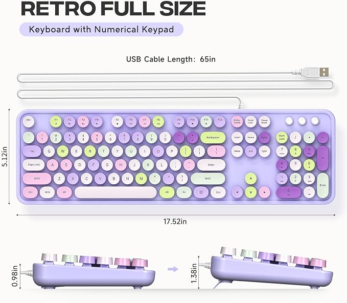 MOWUX Computer Keyboard Wired, Plug and Play USB Retro Round Typewriter Keyboard, Full Size Wired Keyboard with Foldable Stands for Laptop and Office PC- Purple Colorful