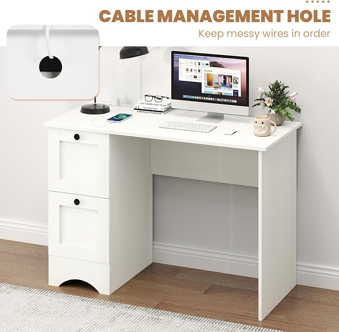 Giantex Computer Desk with 2 Drawers, 43” Wooden Home Office Desk with Charging Station, Compact Study Writing Desk, Modern Laptop PC Desk Computer Workstation for Bedroom, Living Room (White)