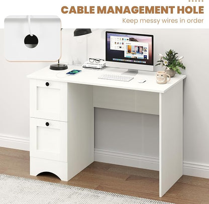 Giantex Computer Desk with 2 Drawers, 43” Wooden Home Office Desk with Charging Station, Compact Study Writing Desk, Modern Laptop PC Desk Computer Workstation for Bedroom, Living Room (White)