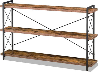 HCHQHS Bookshelf, 3-Tier Long Industrial Bookcase, Rustic Open Book Shelf, Freestanding Horizontal Bookshelves with Metal Frame