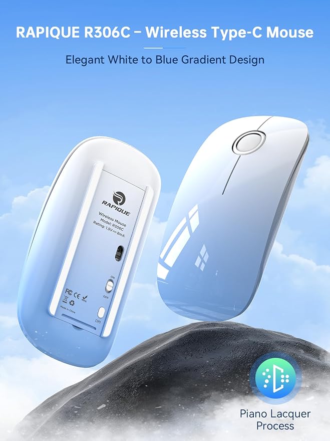 RAPIQUE USB C Wireless Mouse for MacBook, Sky Blue Gradient Slim Mouse, Silent Click, 800/1200/1600 DPI, AA Battery Powered, Type C Portable 2.4GHz Wireless Mouse for iPad, Laptop, Chromebook, Laptop