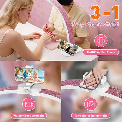 HITTI Super Large 31in Half Moon Light for Nail Desk, Foldable Arch Light for Nail Tech Lamp with Phone Stand, LED Table Lamp for Manicure, Handicraft, Art, Eyelash Extension (Crystal Diamond) -White
