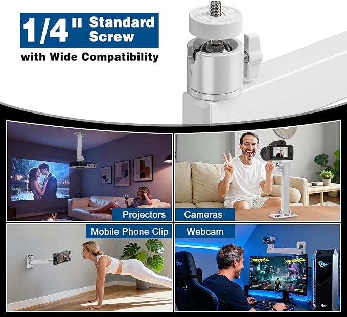 Projector Stand, Wall and Mini Ceiling Mount with 1/4-Inch Thread, 360-degree Rotation, Adjustable Tilt & Swivel, Foldable, Easy Setup Compatible with Most Projectors for Home, Office, White