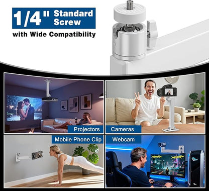 Projector Stand, Wall and Mini Ceiling Mount with 1/4-Inch Thread, 360-degree Rotation, Adjustable Tilt & Swivel, Foldable, Easy Setup Compatible with Most Projectors for Home, Office, White