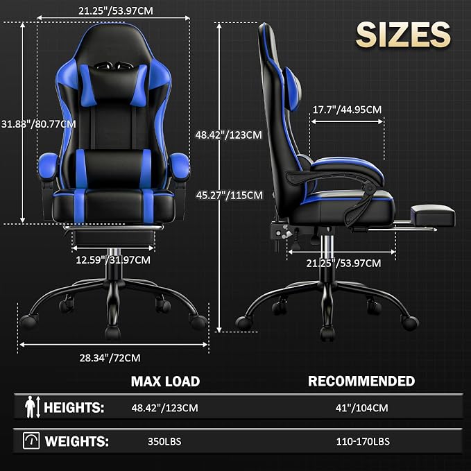 Ergonomic Gaming Chair with Footrest, PU Leather Video Game Chairs for Adults, 360°Swivel Adjustable Office Chair Gamer Chair, Comfortable Computer Chair for Heavy People (Blue)