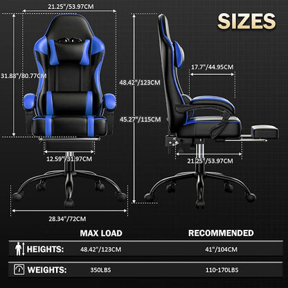 Ergonomic Gaming Chair with Footrest, PU Leather Video Game Chairs for Adults, 360°Swivel Adjustable Office Chair Gamer Chair, Comfortable Computer Chair for Heavy People (Blue)