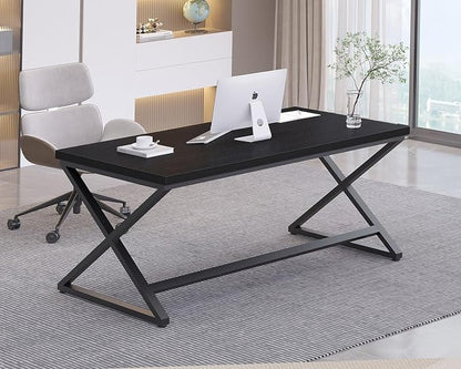 IBF Black Desk, Modern Computer Desk for Writing Study, Industrial Simple Home Office Work Desk in Bedroom, Wood Metal Pc Gaming Laptop Workstation Executive Computer Table, Black Oak, 60 Inch