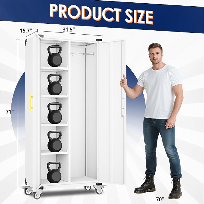 erosoei 71" Broom Storage Cabinet, Cleaning Tool Storage Cabinet, Garage Utility Storage with Hooks and Hanging Rods, Heavy Duty Garden Tool Organizer, for Home, Garage, Laundry Room, Gym, Workshop