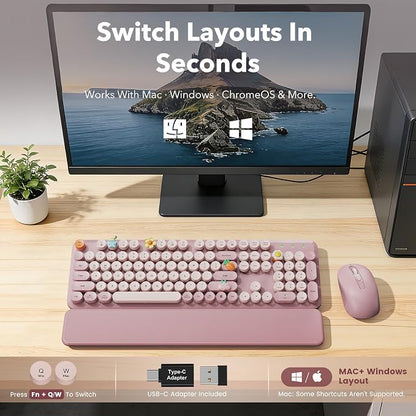 Wireless Keyboard and Mouse Combo, Full-Size Typewriter-Style Keyboard with Round Keycaps, Magnetic Wrist Rest, Tilt Legs, 2.4GHz Cordless for Mac, Windows PC, Laptop, SABLUTE CK23, Dusty Rose