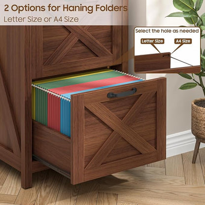 Halitaa 2 Drawer Small File Cabinet, Farmhouse Vertical Filing Cabinet Fits Letter and A4 Size, Under Desk Wooden File Cabinets for Home Office, Printer Stand, Walnut