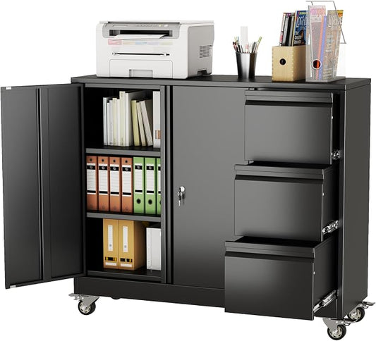 3 Drawer Metal File Cabinet with Wheels, Lockable Mobile Lateral Filing Cabinet for Home Office, Unique Gooseneck Edge Design, Fits Letter/A4/Legal Size, Under Desk Storage Cabinet, Black