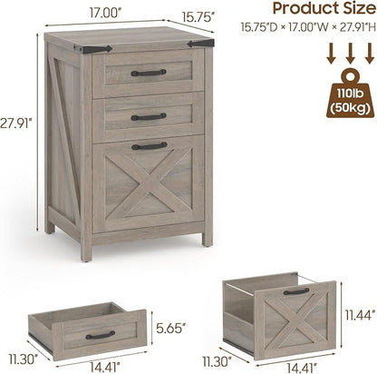Halitaa 3 Drawer Small File Cabinet, Farmhouse Vertical Filing Cabinet Fits Letter and A4 Size, Under Desk Wooden File Cabinets for Home Office, Printer Stand, Rustic Grey