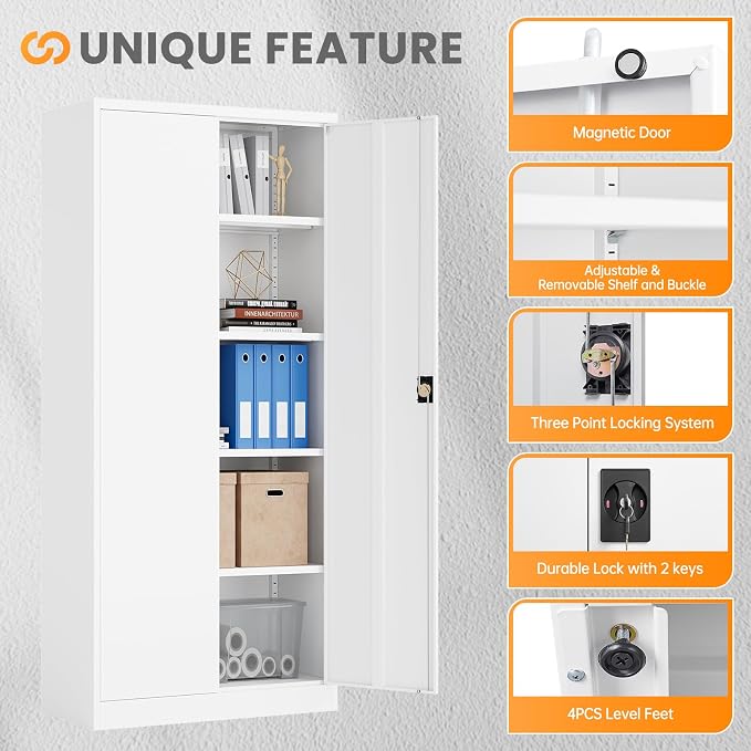 Metal Garage Storage Cabinets with Lock, 72" Tall Tool Cabinet with 2 Door and 4 Adjustable Shelves, Locking Garage Cabinets and Lockable Steel Locker for Home Office Warehouse - (White-72”H)