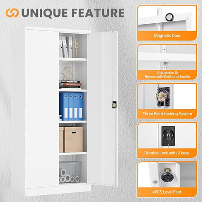 Metal Garage Storage Cabinets with Lock, 72" Tall Tool Cabinet with 2 Door and 4 Adjustable Shelves, Locking Garage Cabinets and Lockable Steel Locker for Home Office Warehouse - (White-72”H)