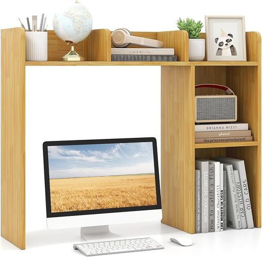 GOFLAME 5 Shelves Desktop Bookshelf, Wood Desk Hutch Dorm for Computer Desk, Countertop Display Rack, 3-Tier Desk Storage Organizer Shelf for Dormitory, Home Office, Study, Burlywood