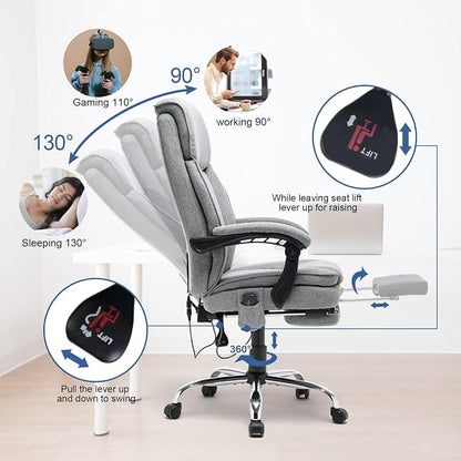 HOMREST Reclining Office Chair with 4-Point Massage, Breathable Fabric Executive Chair with Retractable Footrest, Ergonomic Computer Chair with High Back, Reclining Gaming Chair for Home, Grey