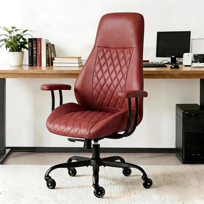 E-Ser Leather Desk Chair, Mid Century Modern Office Chair, Red | Lumbar Support, Ergonomic, 360° Swivel, Rubber Rolling Wheels, Adjustable Height, for Adults