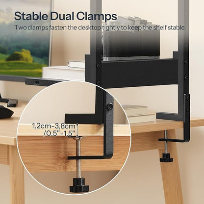 HOOBRO Clamp On Desk Shelf, 2-Tier Desktop Organizer, Space-Saving Desk Shelf with Adjustable Shelves, for Office, Study, Entertainment Accessories, Black BK32SJ01