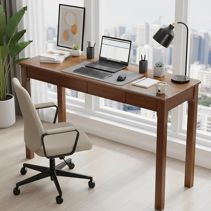 Wood Desk, Solid Wood Writing Table for Home Office, Mid Century Modern Desk with Drawers, Walnut (47inch / 120cm)