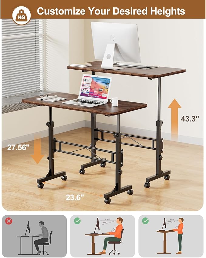 Amztabler Small Standing Desk Adjustable Height, Mobile Stand Up Desk with Wheels, 32 Inch Portable Rolling Desks Conference Room Tables for Walking Pad Treadmill Wood Rustic