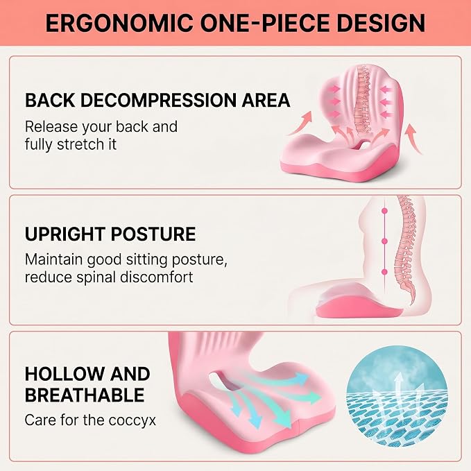 Ergonomic Lumbar & Seat Support Cushion, 2-in-1 Memory Foam Cushion with Coccyx Hollow Design for Office Chair, Car Seat, Home Use - Relieves Back & Hip Pain (Pink)