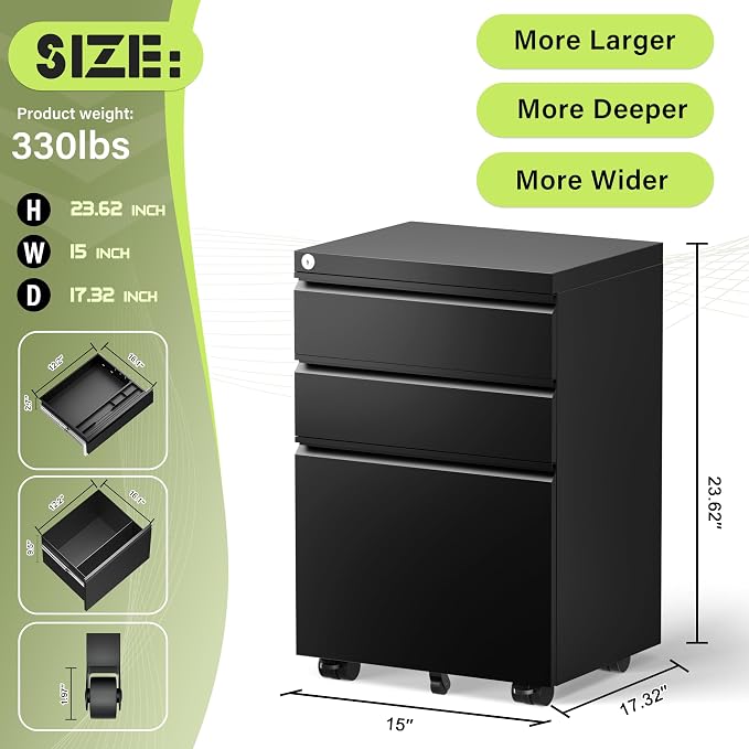 Crownland Office Mobile File Cabinet with Lock, Metal Filing Cabinets with 3 Drawers for Home Office, Lockable File Cabinet for Legal/Letter/A4/F4 Size(Black)