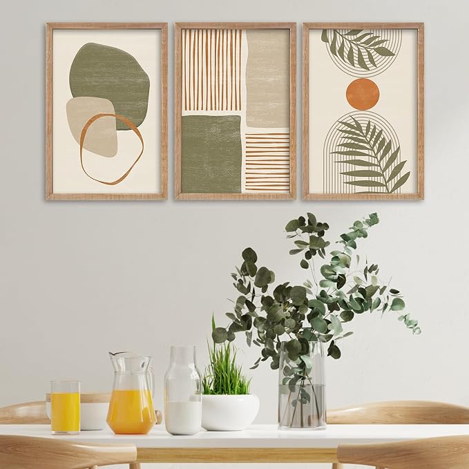 SRSZHIYUE Large Green Abstract Boho Plant Wall Art Neutral Bohemian Set of 3 Wood Framed 16x11 Inch for Living Room Bedroom Wall Decor Hanging (Wood)