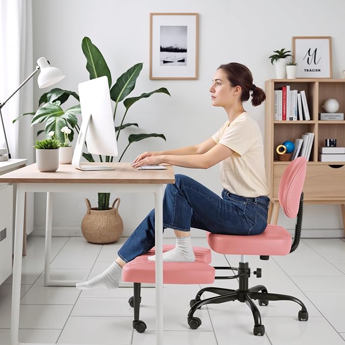 Homall Ergonomic Cross Legged Office Desk Chair with Wheels, 360° Swivel and Adjustable Height for Meditation and ADHD,Criss Cross Kneeling Chair with Lumbar Support (Leather, Pink)