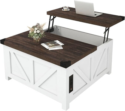 jimeimen Farmhouse Lift Top Coffee Table with Storage, Wood Square Center Table with Charging Station&USB Port, Living Room Table w/Large Hidden Space, for Living Room, Bedroom, Home Office, White
