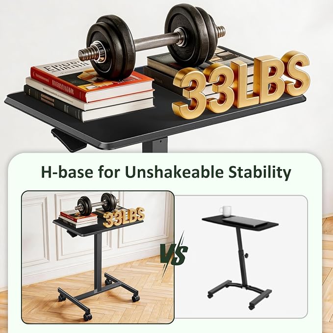 Adjustable Mobile Standing Desk, Rolling Sit-Stand Laptop Desk with Locking Wheels, Compact Portable Computer Table for Home Office or Dorm, Black