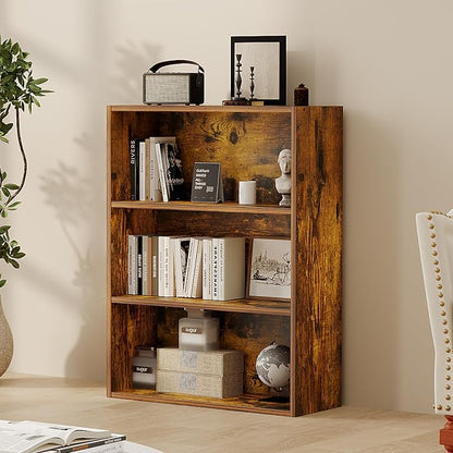 Sweetcrispy Industrial 3 Shelf Bookcase - Large 31.5 Inch Tall Floor Standing Open Bookshelf for Home Office, Living Room, and Bedroom Storage, Display Organizer, Brown